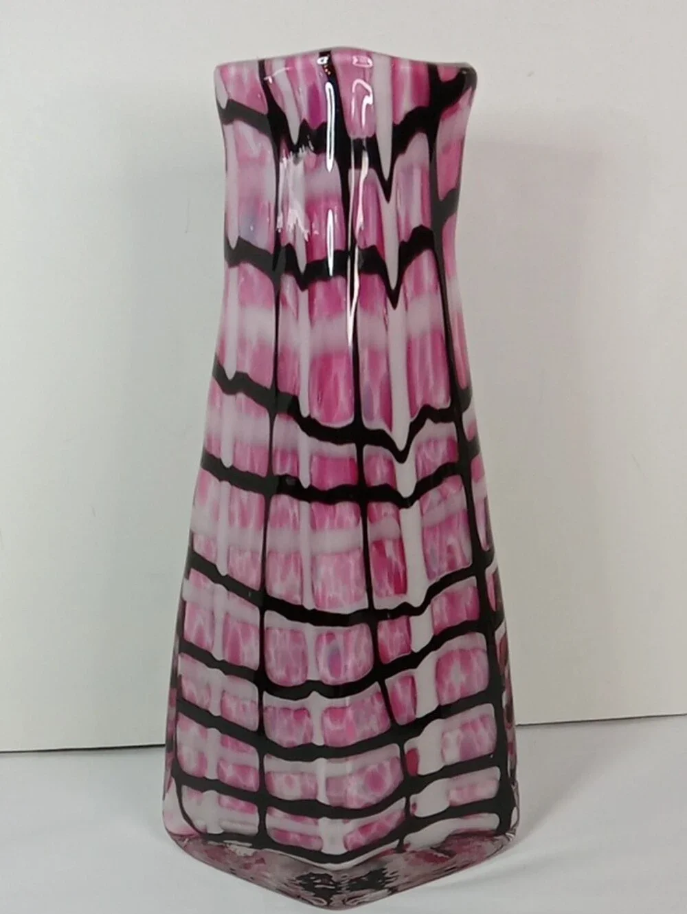 Handblown Large Stylish Pink BLack White Patterned Grid Print Glass Vase Whimsy